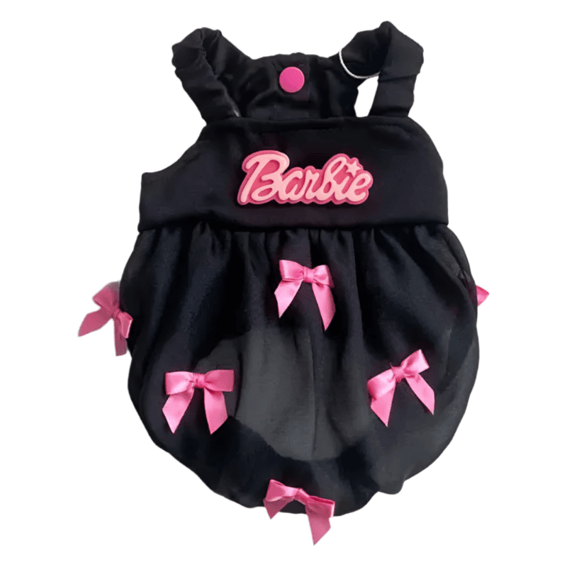 Black pet bubble dress with pink bow accents, heart collar, and Barbie logo