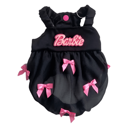 Black pet bubble dress with pink bow accents, heart collar, and Barbie logo