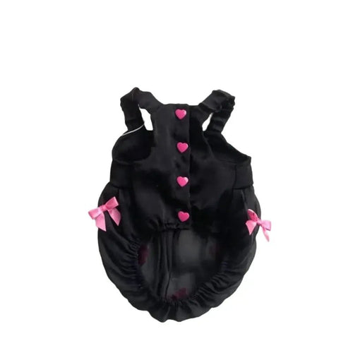 Black pet bubble dress with pink heart buttons and bow trim, front view