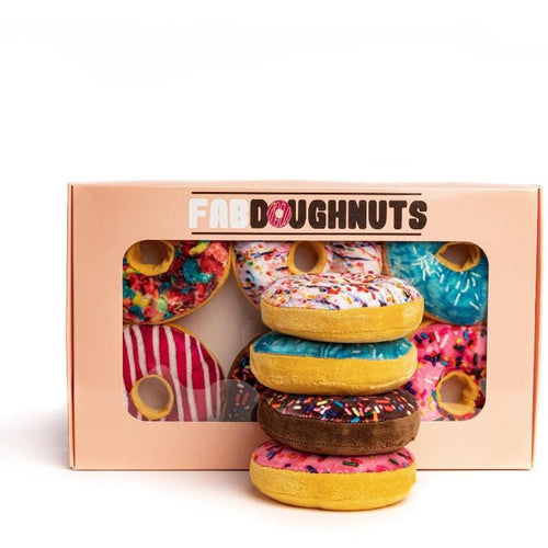 Box of FABDOUGHNUTS plush squeaky doughnut dog toys, 6 pc, colorful donut shapes