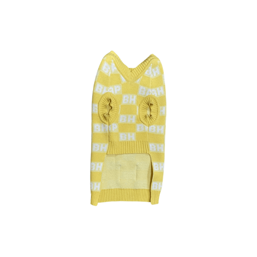 Yellow check-knit sweater vest with ribbed V-back and repeating BP/BH logo squares