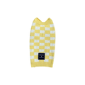 Yellow check-knit sweater vest with ribbed V-neck and repeating BP/BH logo squares
