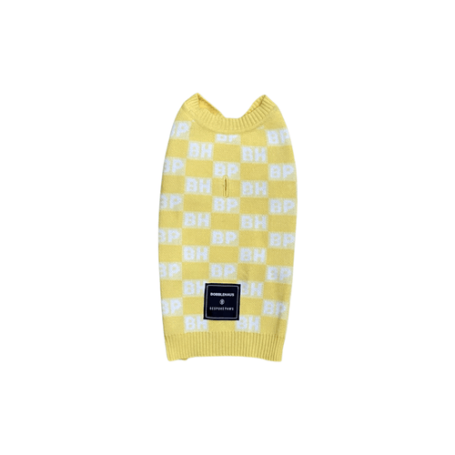 Yellow check-knit sweater vest with ribbed V-neck and repeating BP/BH logo squares