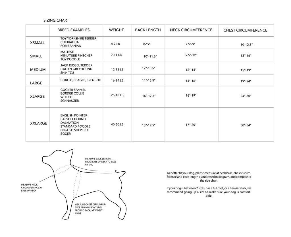 Dog cardigan sizing chart showing neck, chest, weight, and back-length measurements