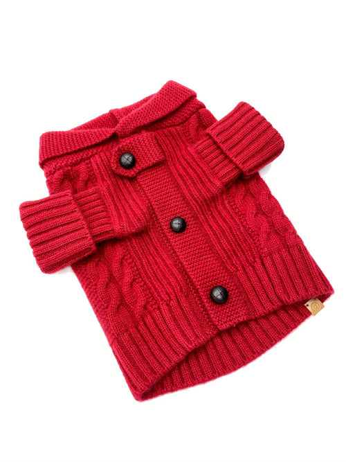Garnet red cashmere dog cardigan with button placket, cable knit, ribbed cuffs