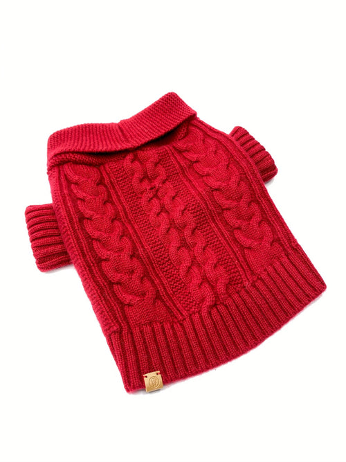 Garnet red cashmere dog cardigan with cable-knit texture and ribbed collar