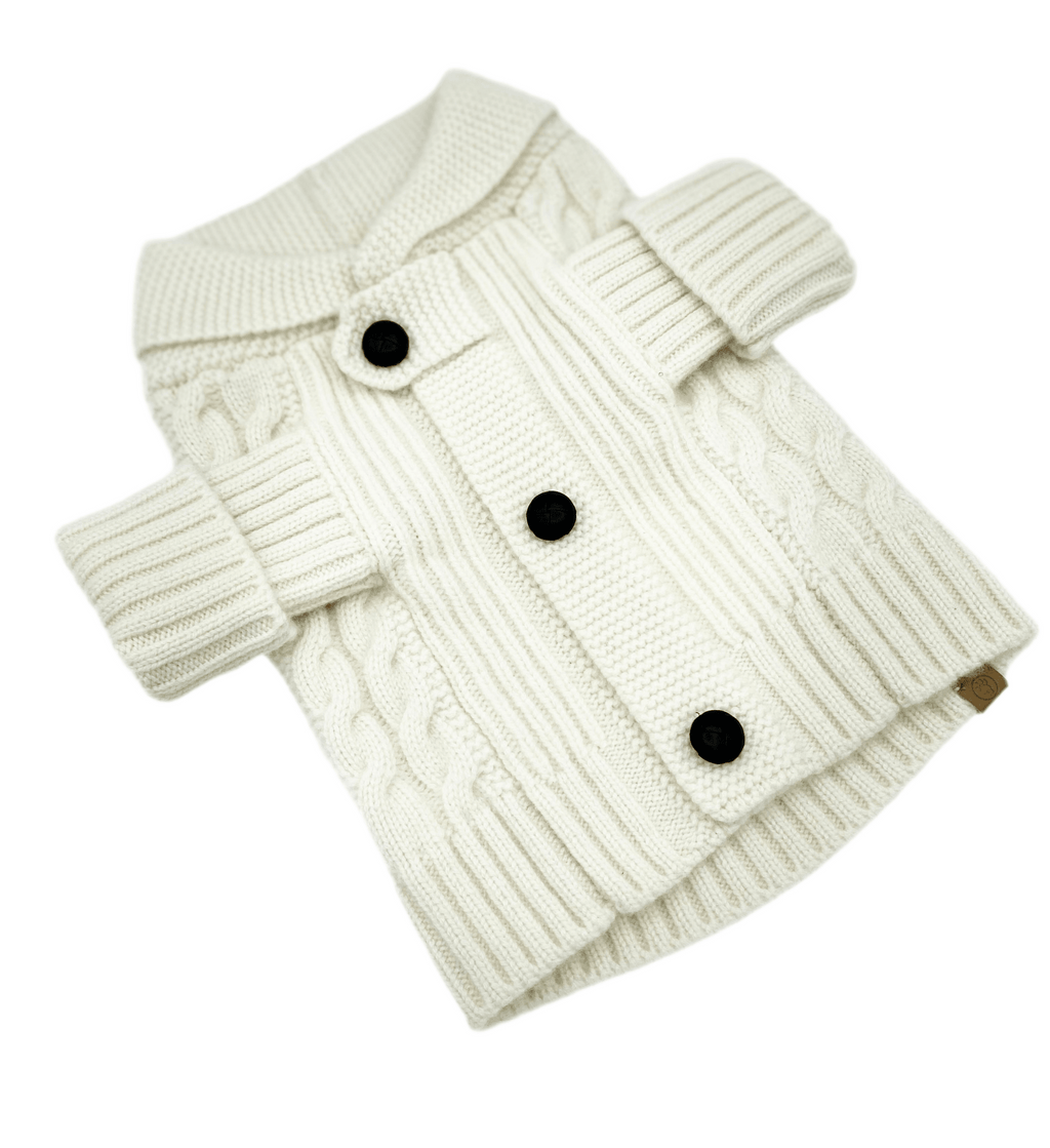 Ivory knit dog cardigan with button placket and ribbed trim