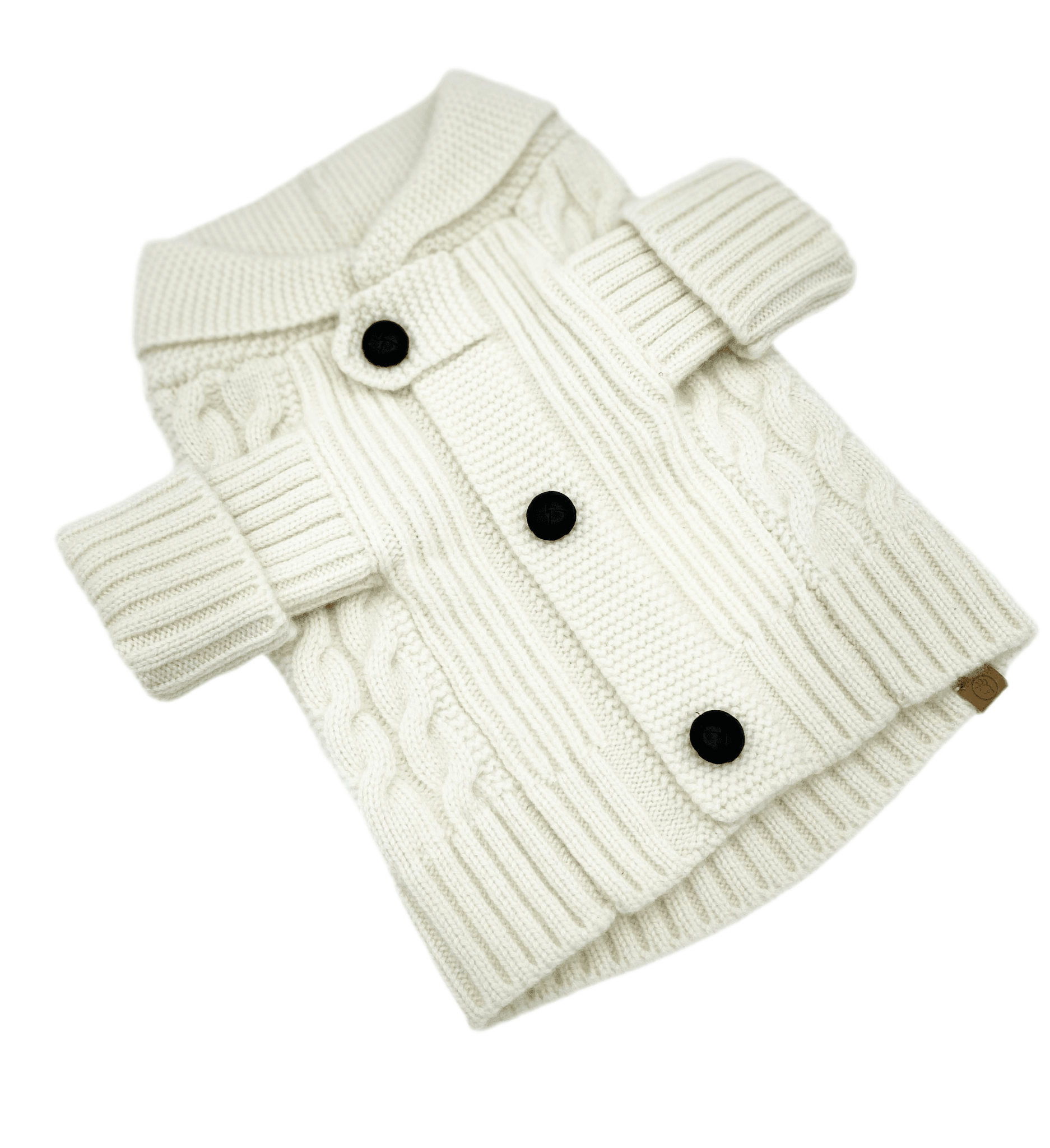 Ivory knit dog cardigan with button placket and ribbed trim
