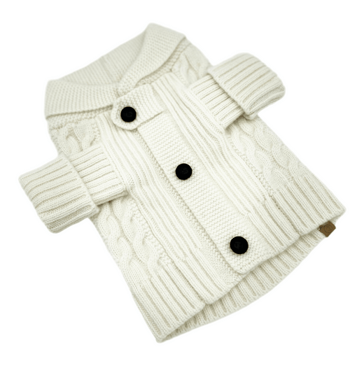 Ivory knit dog cardigan with button placket and ribbed trim