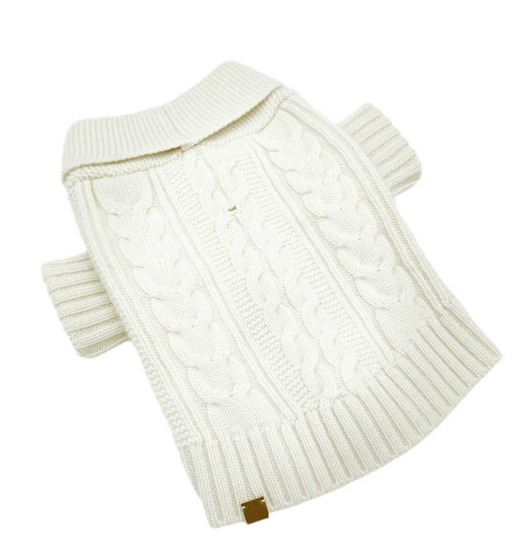 Ivory cable-knit dog cardigan with ribbed cuffs and collar