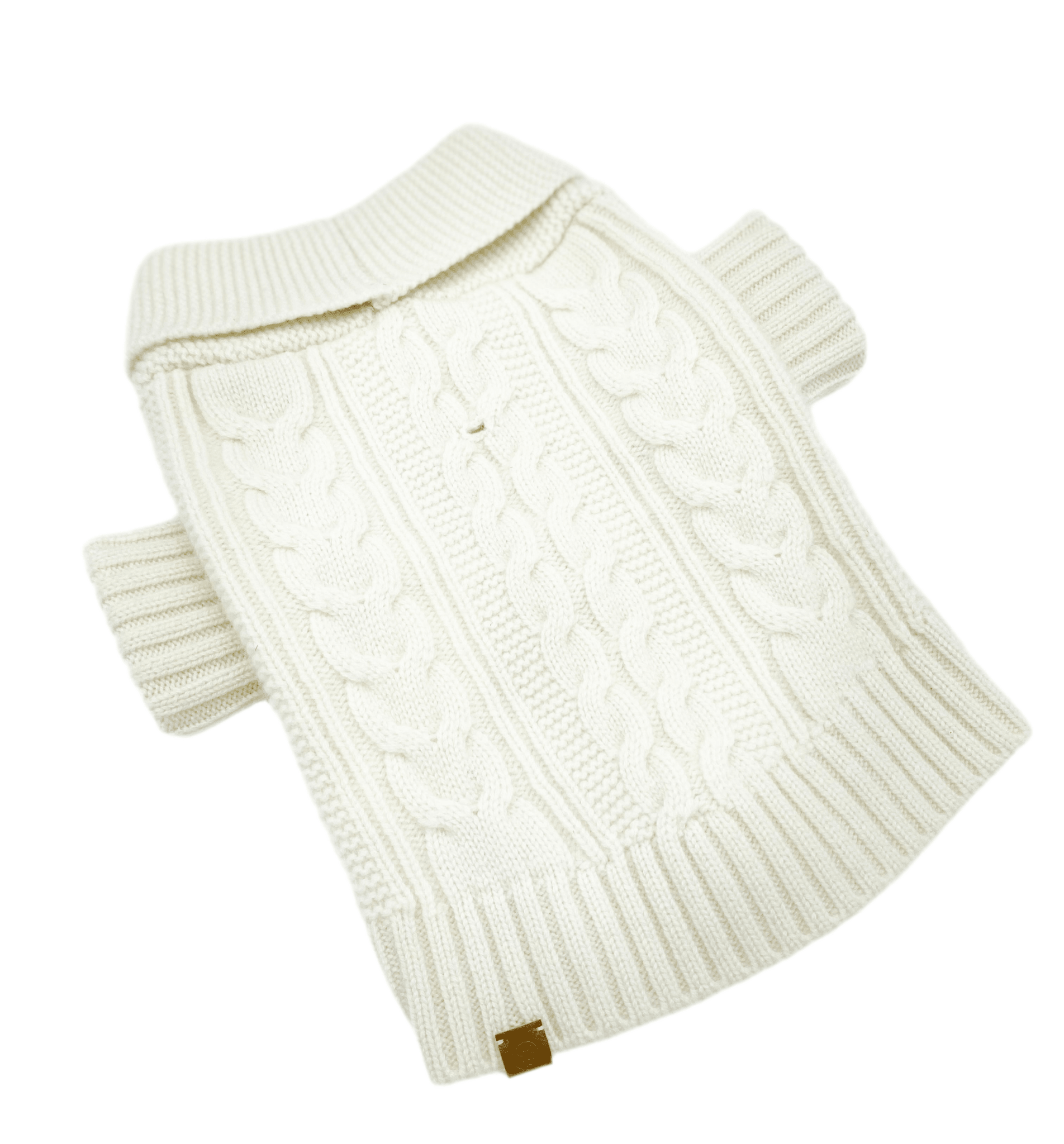 Ivory cable-knit dog cardigan with ribbed cuffs and collar