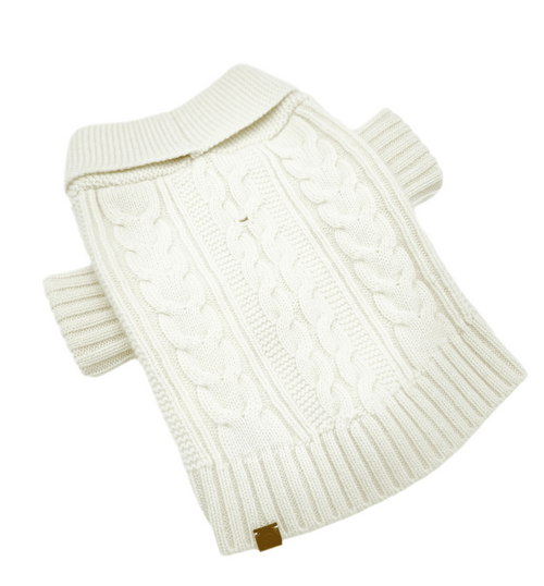 Ivory cable-knit dog cardigan with ribbed cuffs and collar