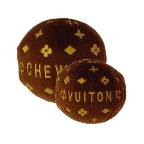 Brown plush squeaky dog toy ball with LOUIS VUITTON text and gold star motifs