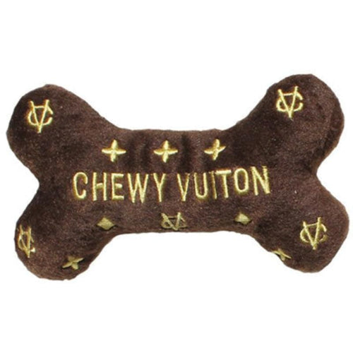 Brown plush bone squeaky dog toy with gold 'CHEWY VUITON' print