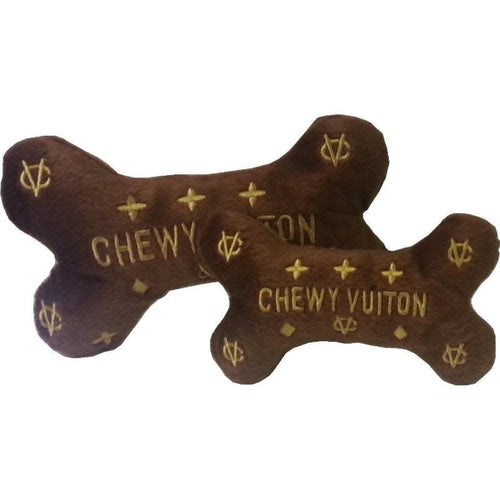 Two brown plush bone squeaky dog toys with gold 'CHEWY VUITON' print