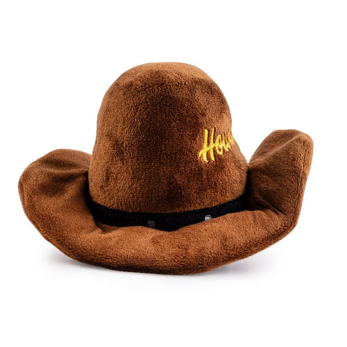Brown plush cowboy hat dog toy, side view, yellow 'Howdy!' and black band