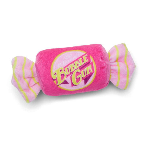 Pink bubble gum plush dog toy with yellow logo patch and striped fabric ends