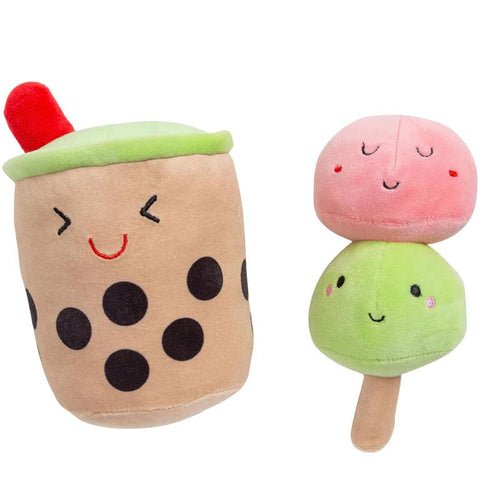 Bubble tea plush dog toy set: brown cup with green lid and red straw, pink & green bubbles
