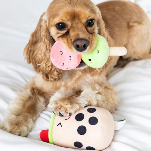 Bubble tea plush dog toy set: dog holding brown cup plush and pink/green bubble plush