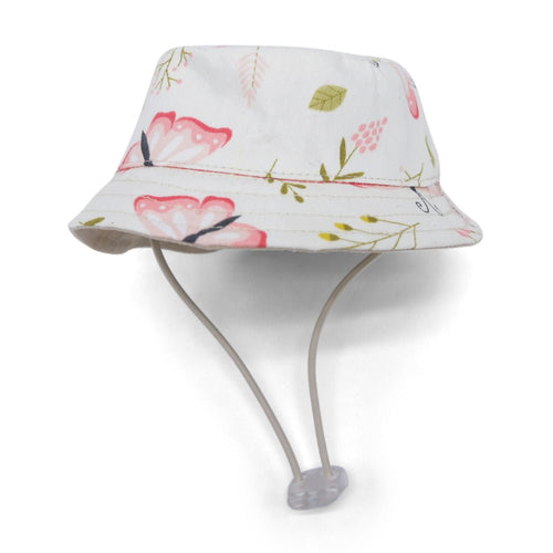Pink butterfly-print bucket hat with chin strap, wide stitched brim