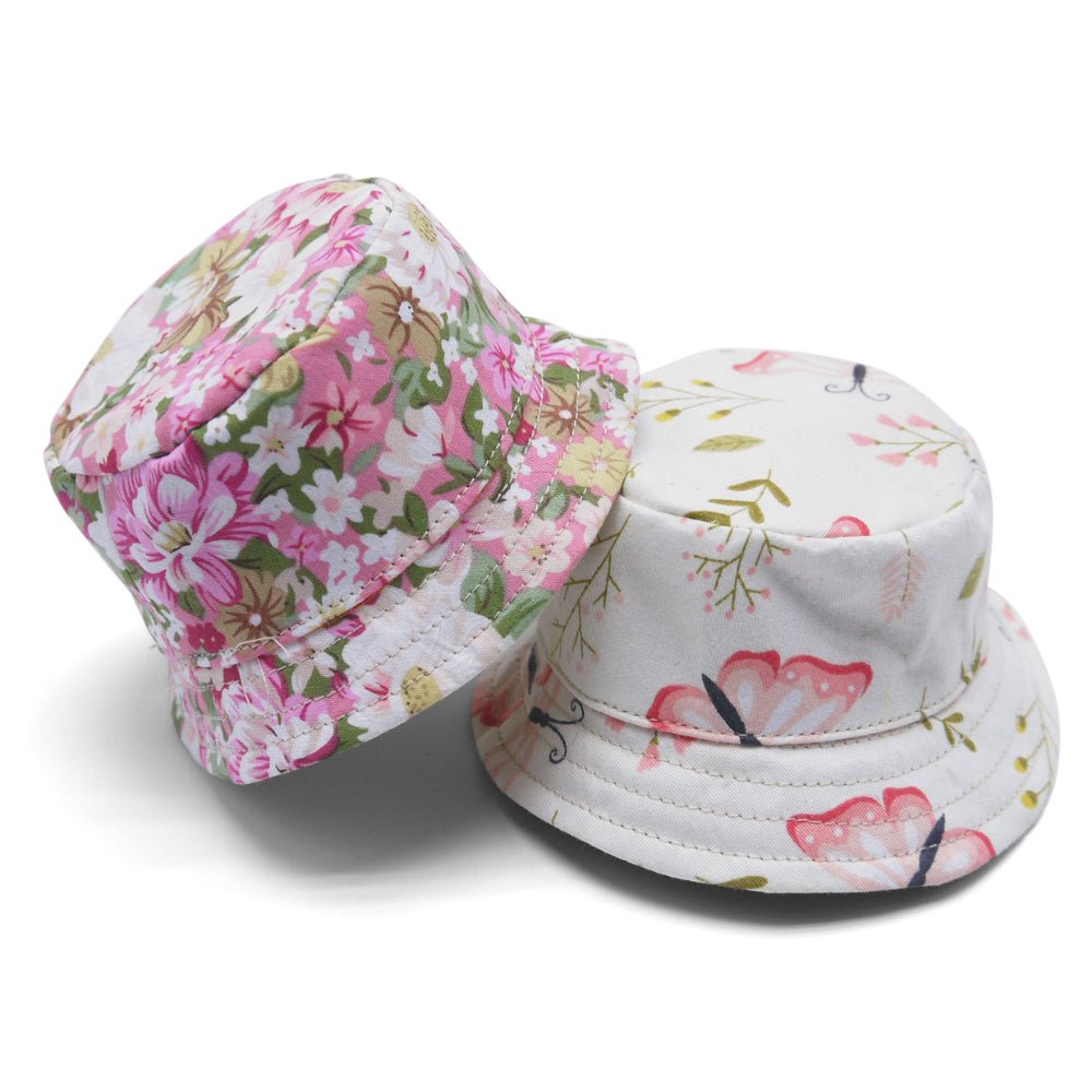Pink and green floral butterfly-print bucket hat, curved crown and wide brim