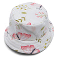 White bucket hat with pink floral butterfly pattern and stitched brim detail