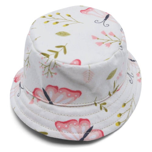 White bucket hat with pink floral butterfly pattern and stitched brim detail