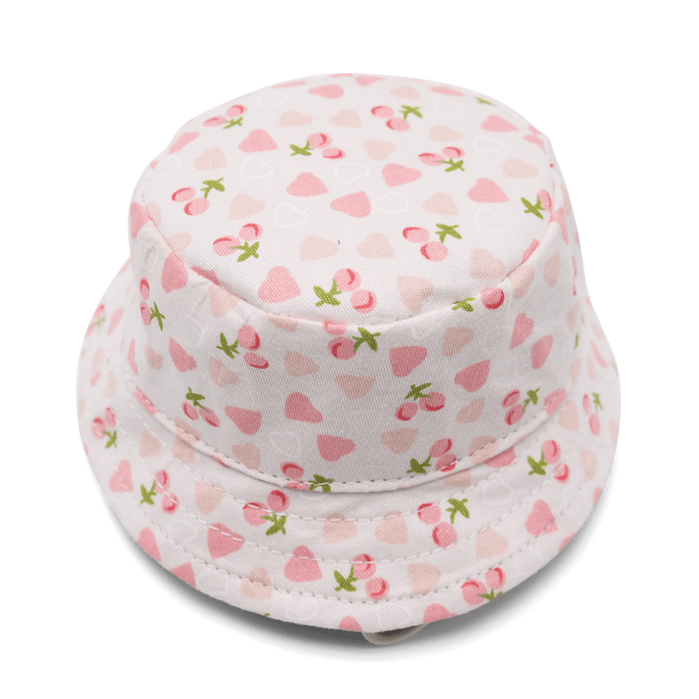 Pink bucket hat with cute heart and cherry pattern, soft brim and stitched crown