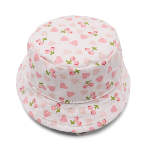 Pink bucket hat with cute heart and cherry pattern, soft brim and stitched crown