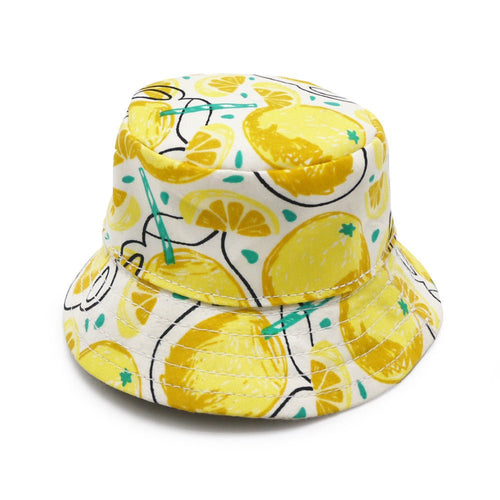 Yellow lemon-print bucket hat with teal and black doodle accents