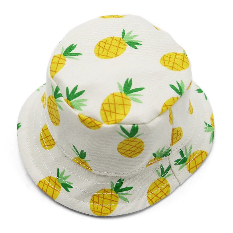 White pineapple print bucket hat with curved brim, top view