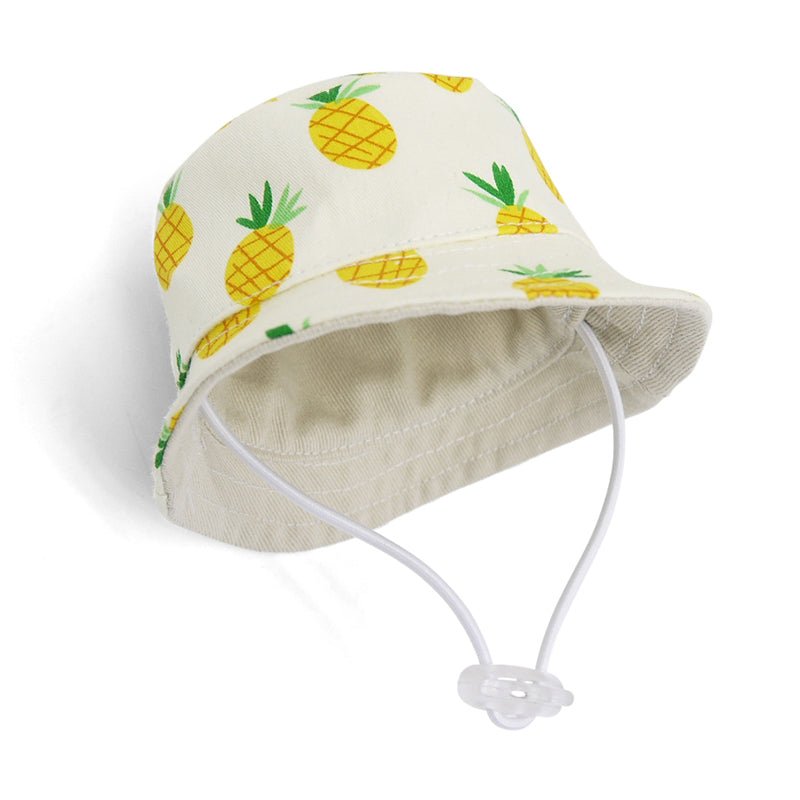 Pineapple-print bucket hat with adjustable chin strap, rear view