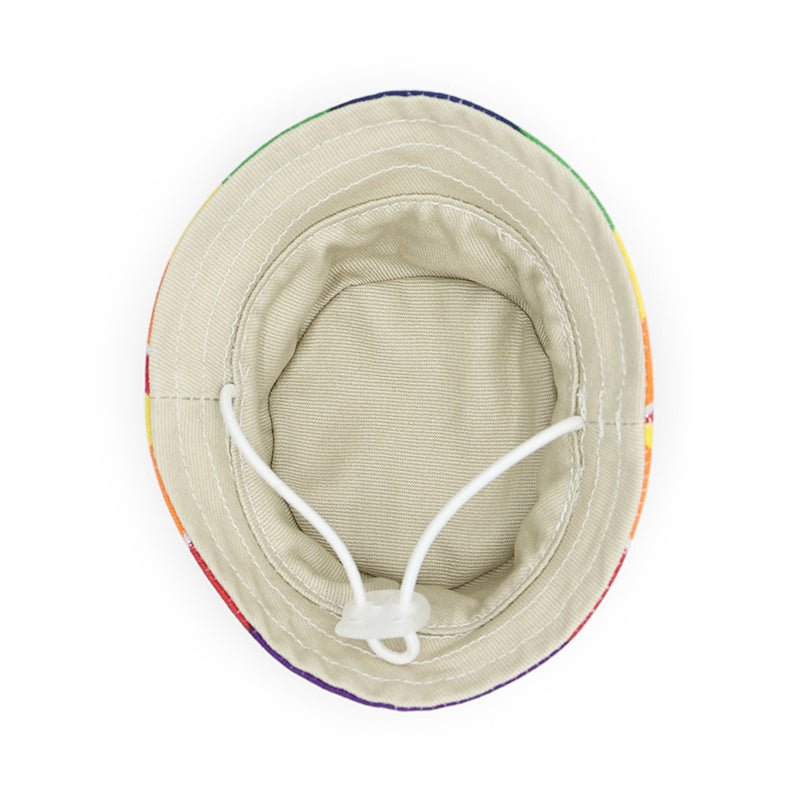 Beige interior of rainbow bucket hat with white drawstring ties