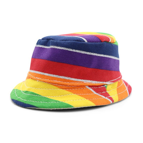 Rainbow striped bucket hat with multicolor bands and stitched brim