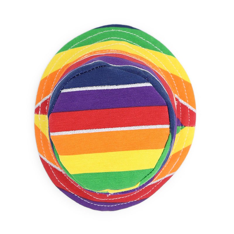 Rainbow bucket hat from back view, striped panels and brim edge stitching