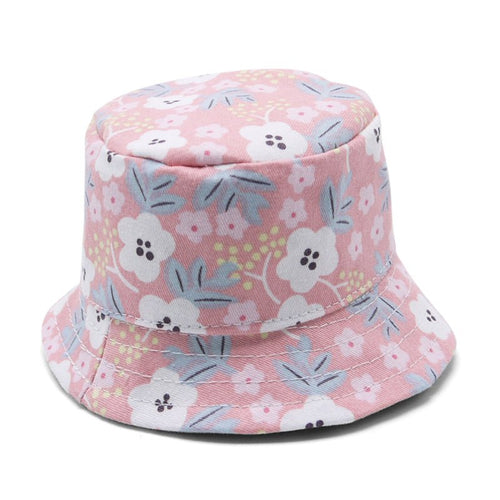 Pink bucket hat with sweet floral prints and round brim