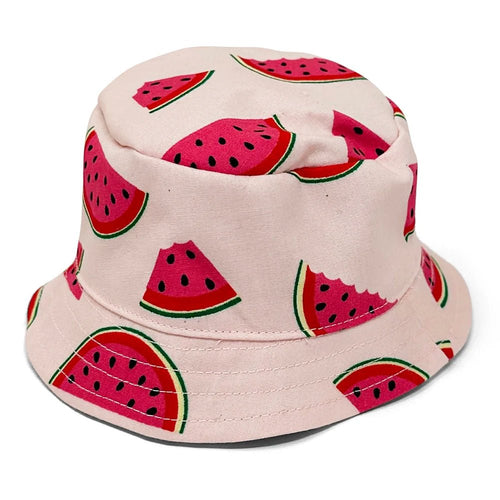 Pink bucket hat with watermelon slice print, stitched brim and side panels