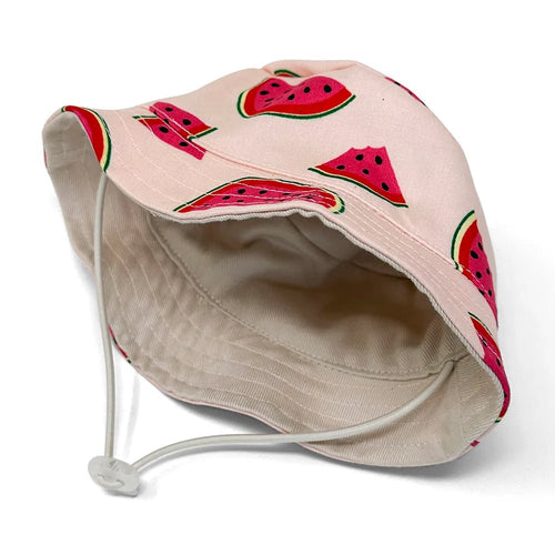 Pink watermelon-print bucket hat with wide brim and stitched interior lining