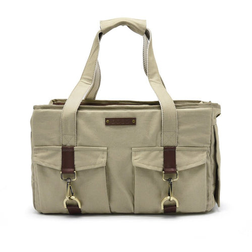 Buckle Tote BB tote bag in beige canvas with zip pockets and leather-look buckles