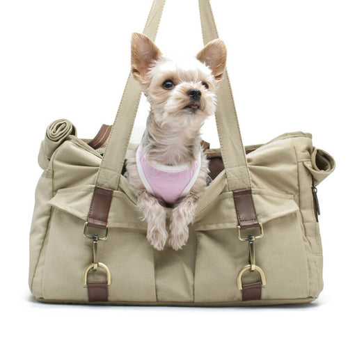 Beige canvas tote bag with front pockets, buckle straps, and a top carry handle