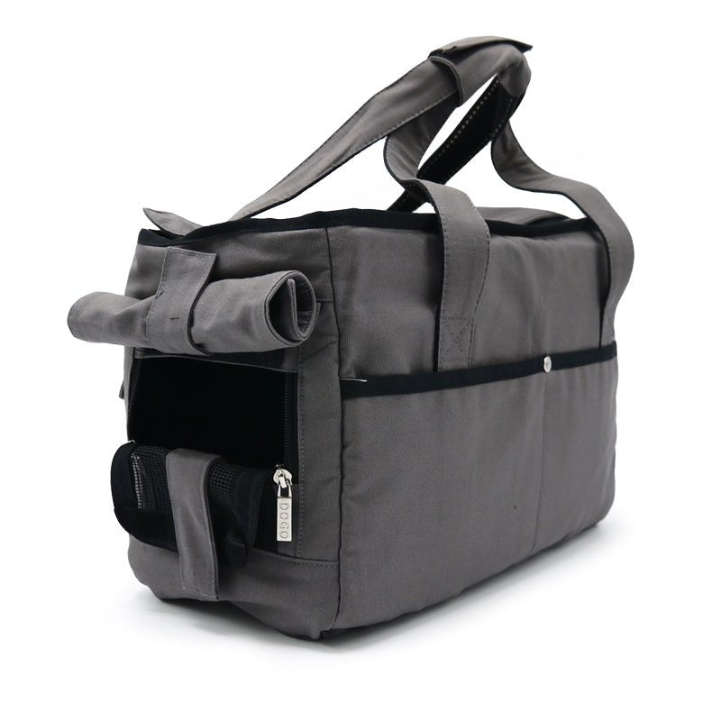 Gray nylon tote bag with dual handles, front zip pocket, and adjustable shoulder strap.