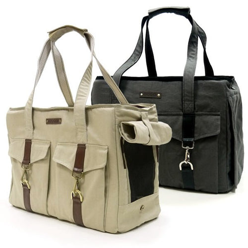 Buckle tote bags set: beige and dark gray/charcoal, front pockets, top handles