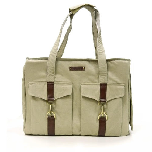 Beige buckle tote bag with dual front flap pockets and adjustable shoulder strap