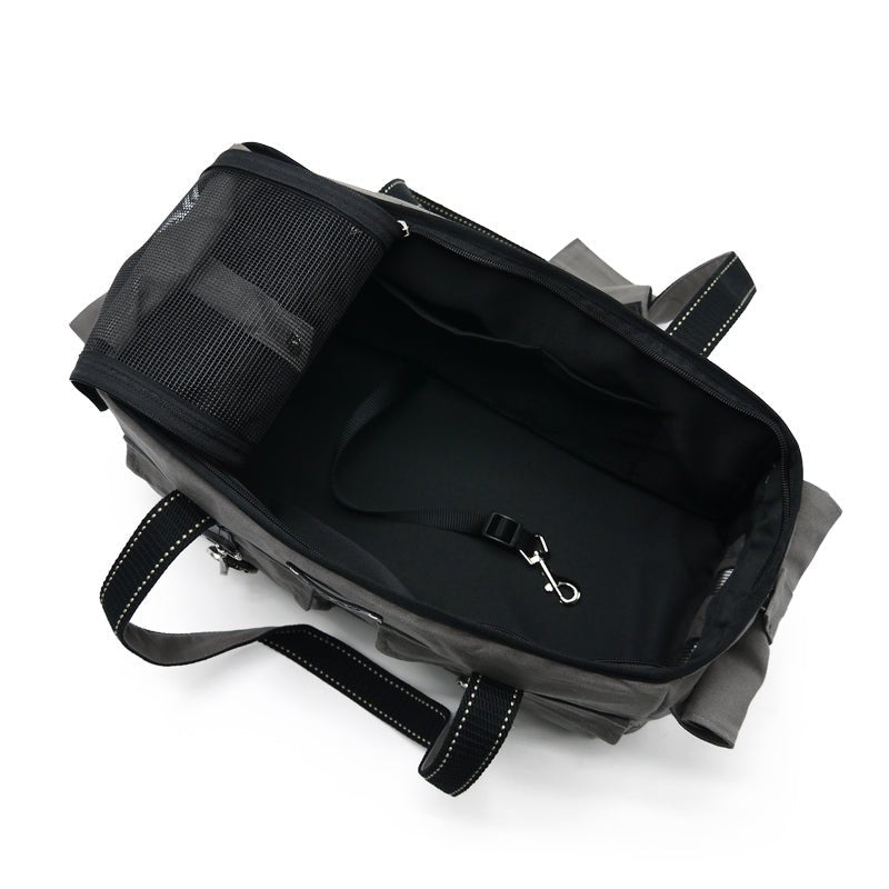 Charcoal tote bag with mesh side pocket and top buckle strap