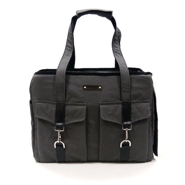 Charcoal buckle tote bag with top handles, front organizer pockets, and hanging keys clip