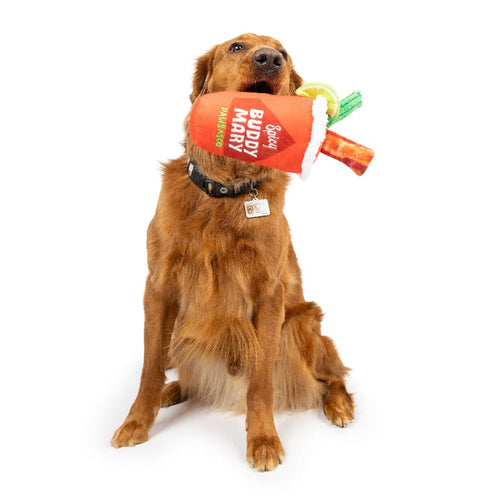 Plush cup dog toy in a brown dog's mouth, orange label with blue text
