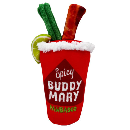 Red plush cup dog toy with 'Spicy' text, white trim, green and brown stems