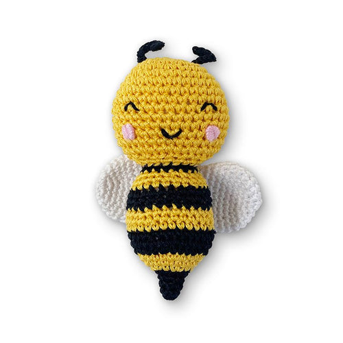 Crochet bee toy with yellow body, black stripes, and white wings