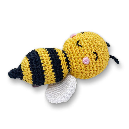 Crochet bee plush, yellow and black striped, with white wings and round head