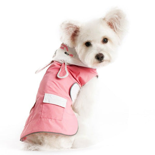 Pink bunny-themed dog raincoat with white hood and ear shape, front view